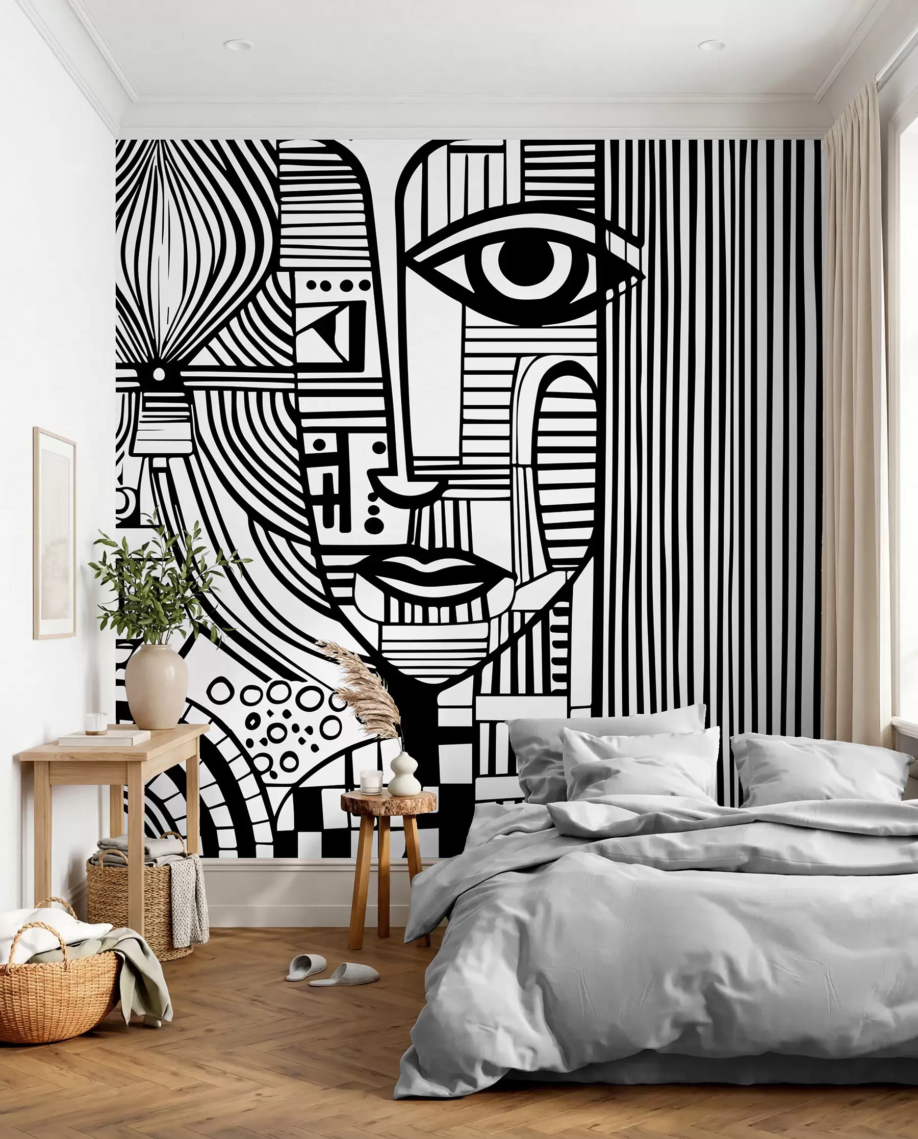 murais de parede Rosto abstrato a preto e branco u98714