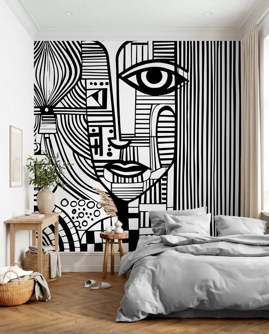 murais de parede Rosto abstrato a preto e branco u98714