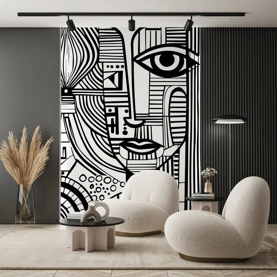 murais de parede Rosto abstrato a preto e branco u98714
