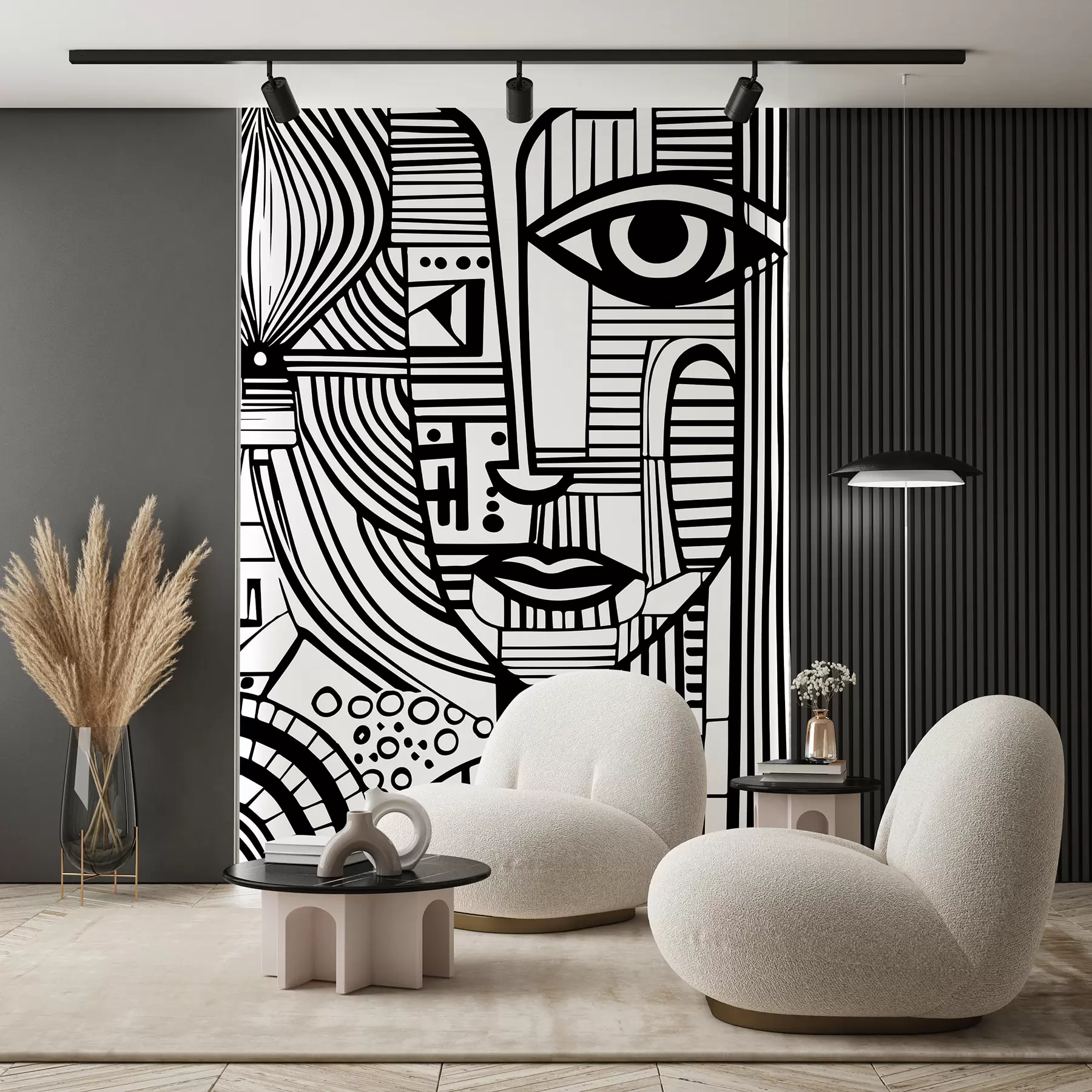 murais de parede Rosto abstrato a preto e branco u98714