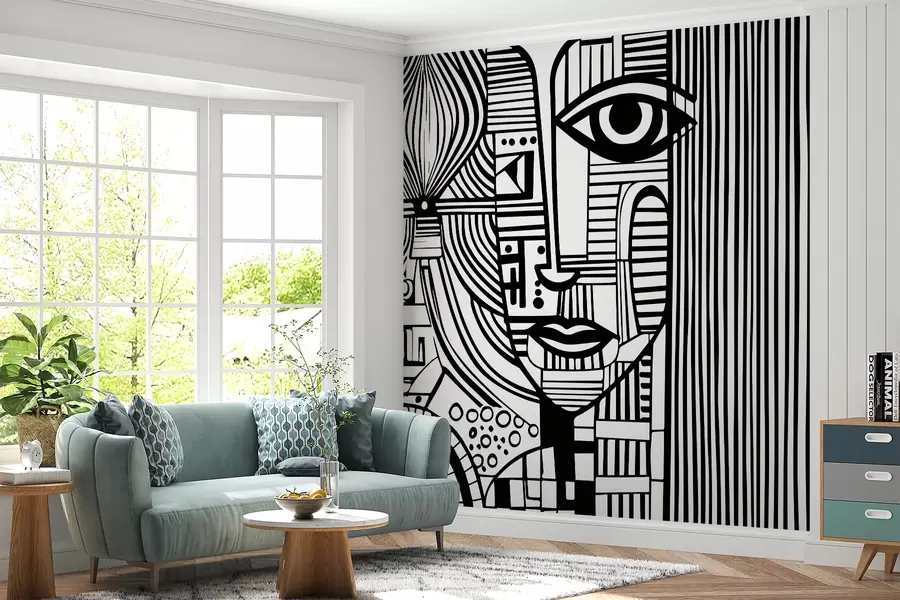 murais de parede Rosto abstrato a preto e branco u98714