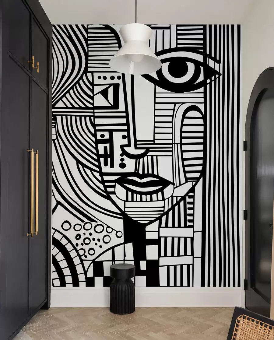murais de parede Rosto abstrato a preto e branco u98714