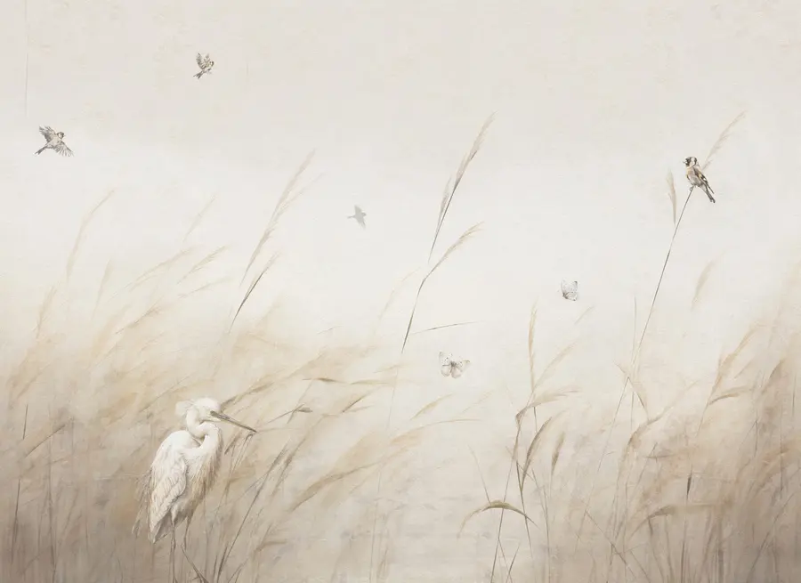 murais de parede Pássaros no lago entre flores secas, plantas e relva u98439