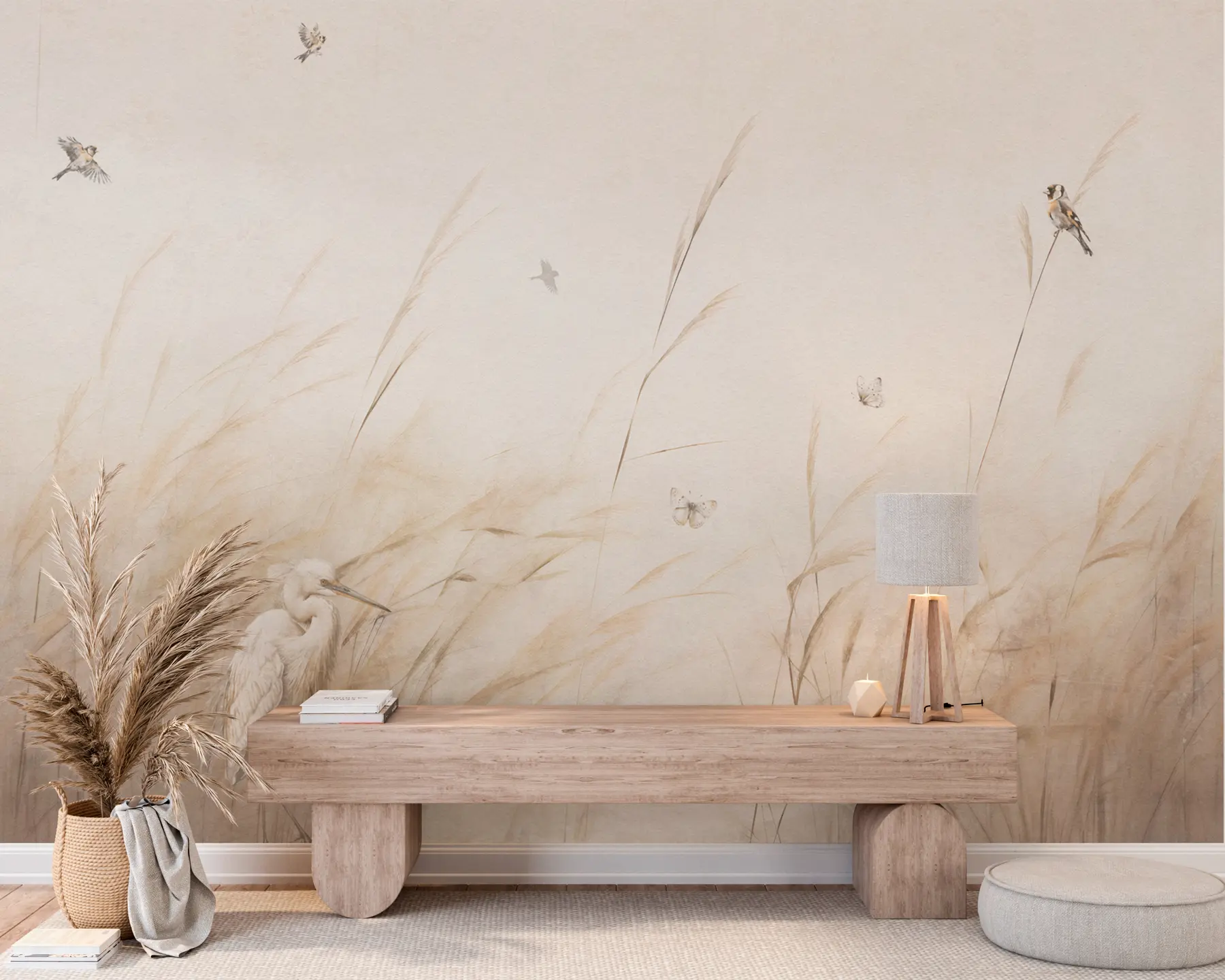 murais de parede Pássaros no lago entre flores secas, plantas e relva u98439