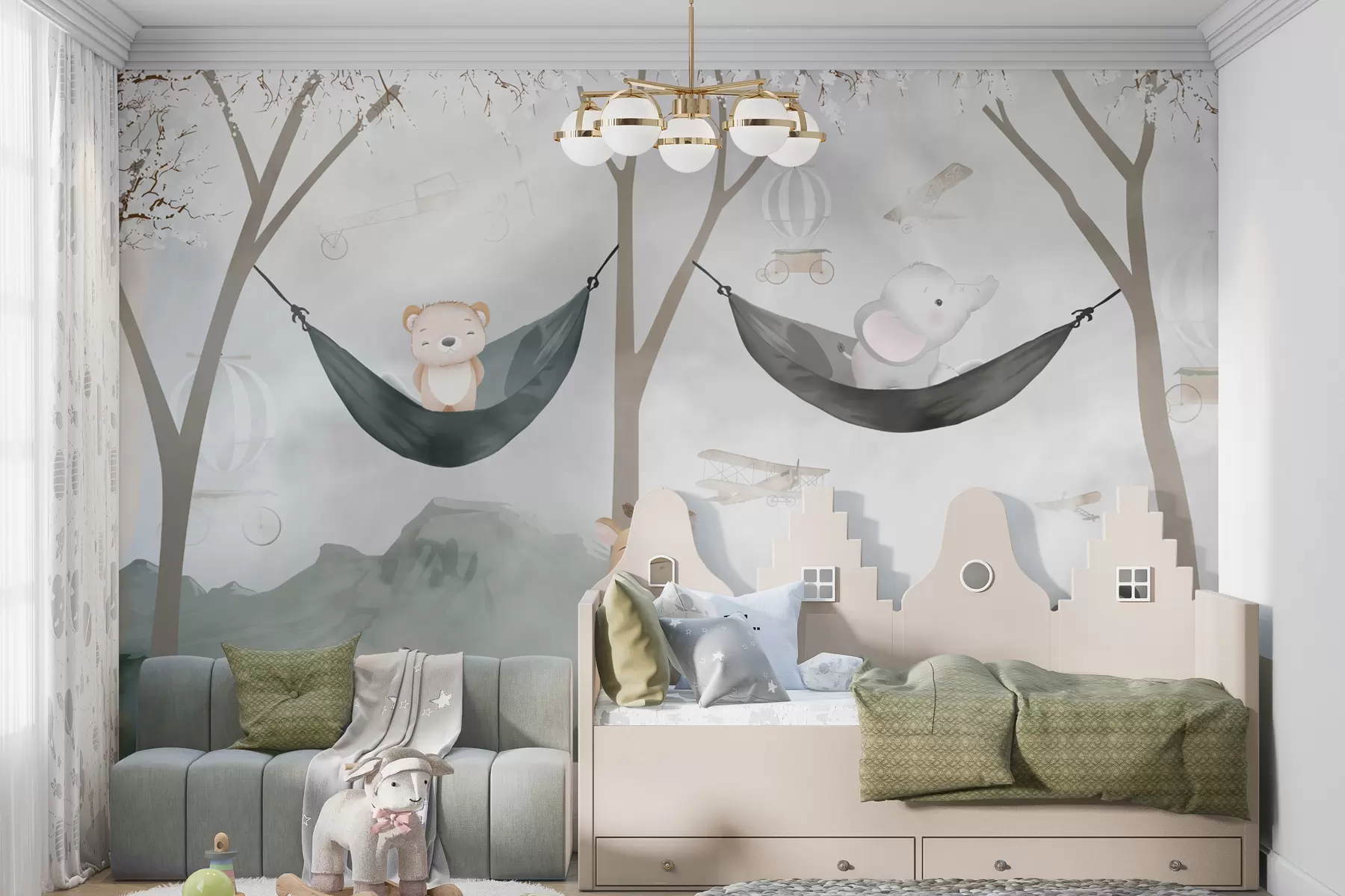 murais de parede Animais bonitos a baloiçar numa rede na floresta u98172