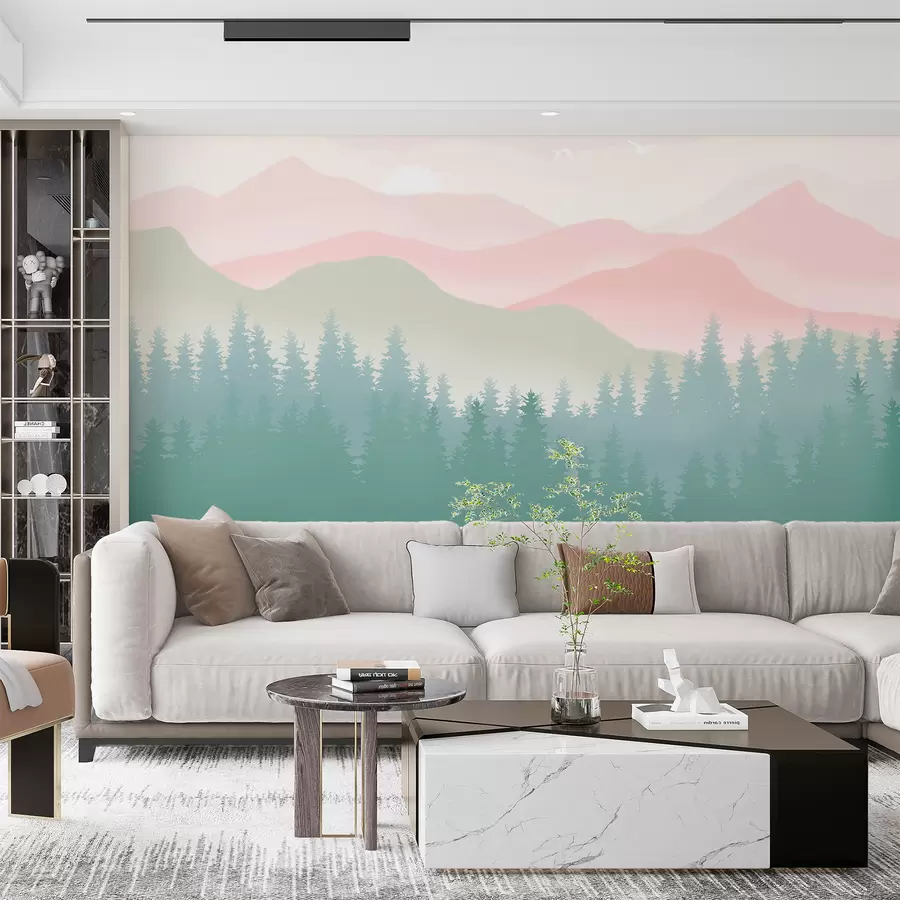 murais de parede Montanhas enevoadas com floresta de pinheiros, cores naturais suaves, rosa e verde u98774
