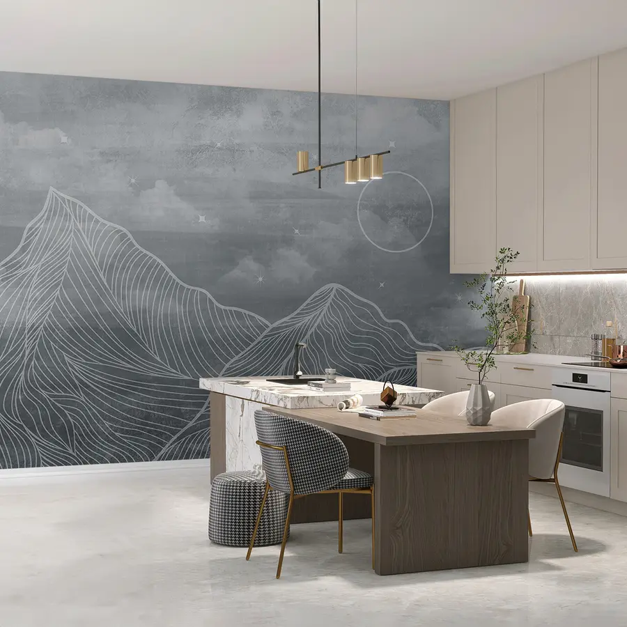 murais de parede Textura Grunge com nuvens e montanhas, cor cinzenta, arte com tema da natureza u98838v1