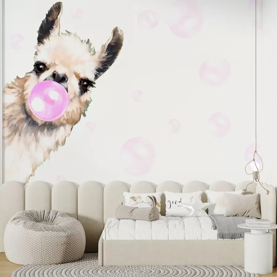 murais de parede Lhama engraçada e bolhas cor-de-rosa u98952