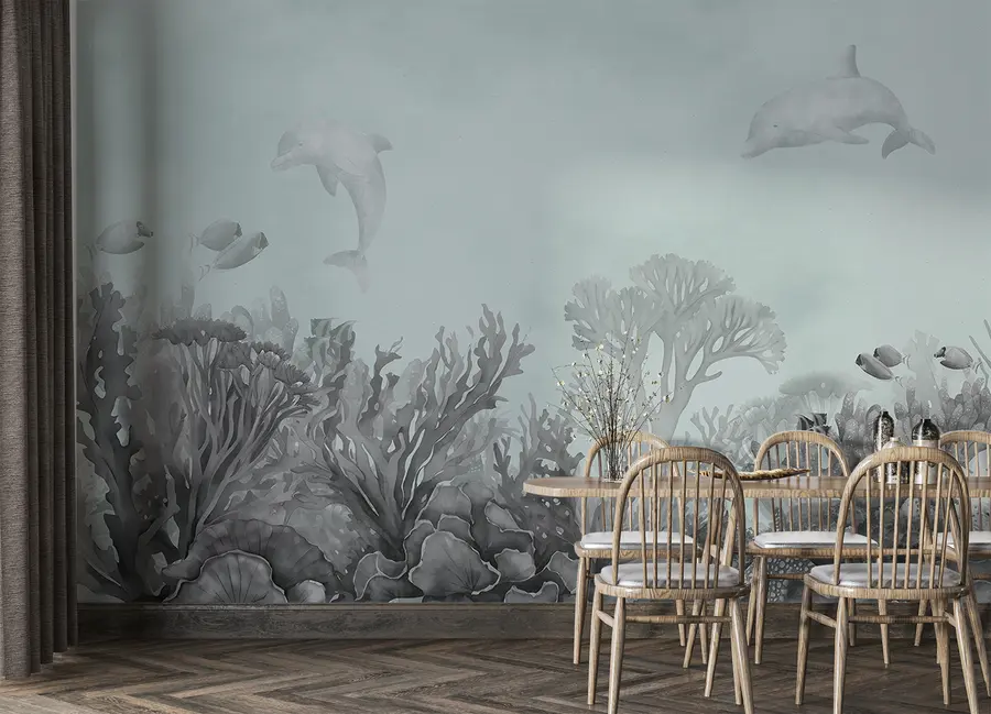 murais de parede Vida marinha subaquática, recife de coral, aguarela cinzenta e azul, golfinhos u98900