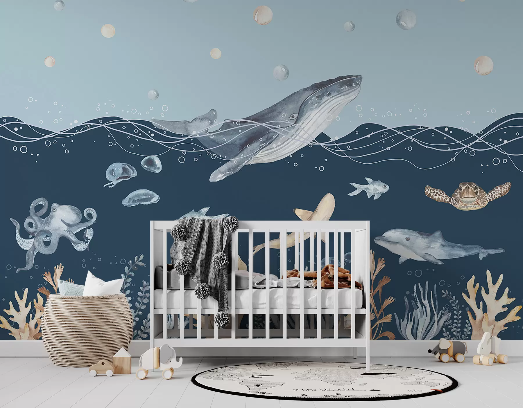murais de parede Vida marinha subaquática, baleia, golfinho, corais, animais marinhos, tema do oceano, cores pastel u98902