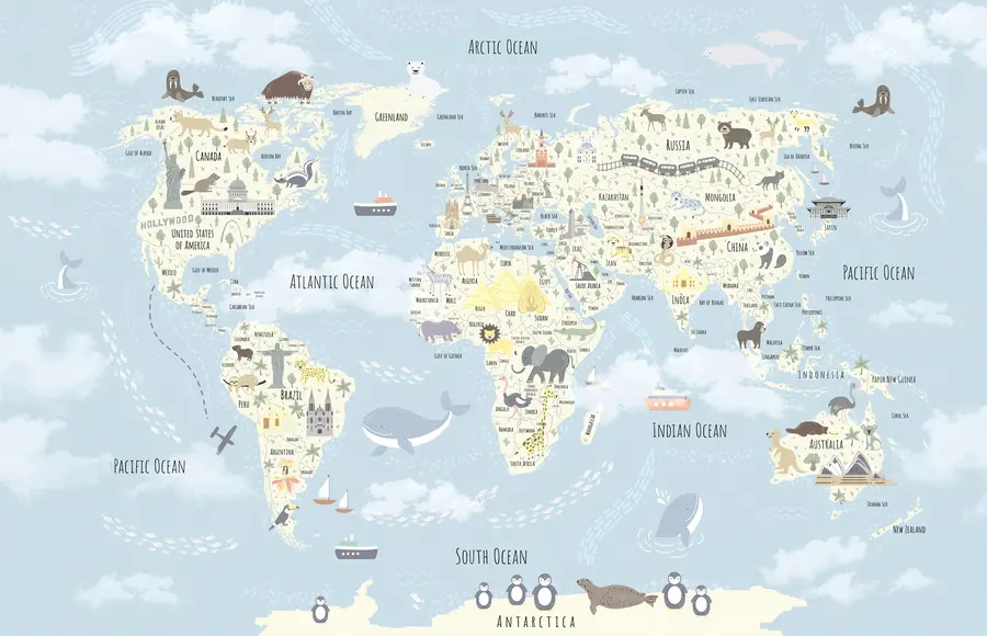 murais de parede Mapa-mundo para crianças com animais e pontos de referência u96587