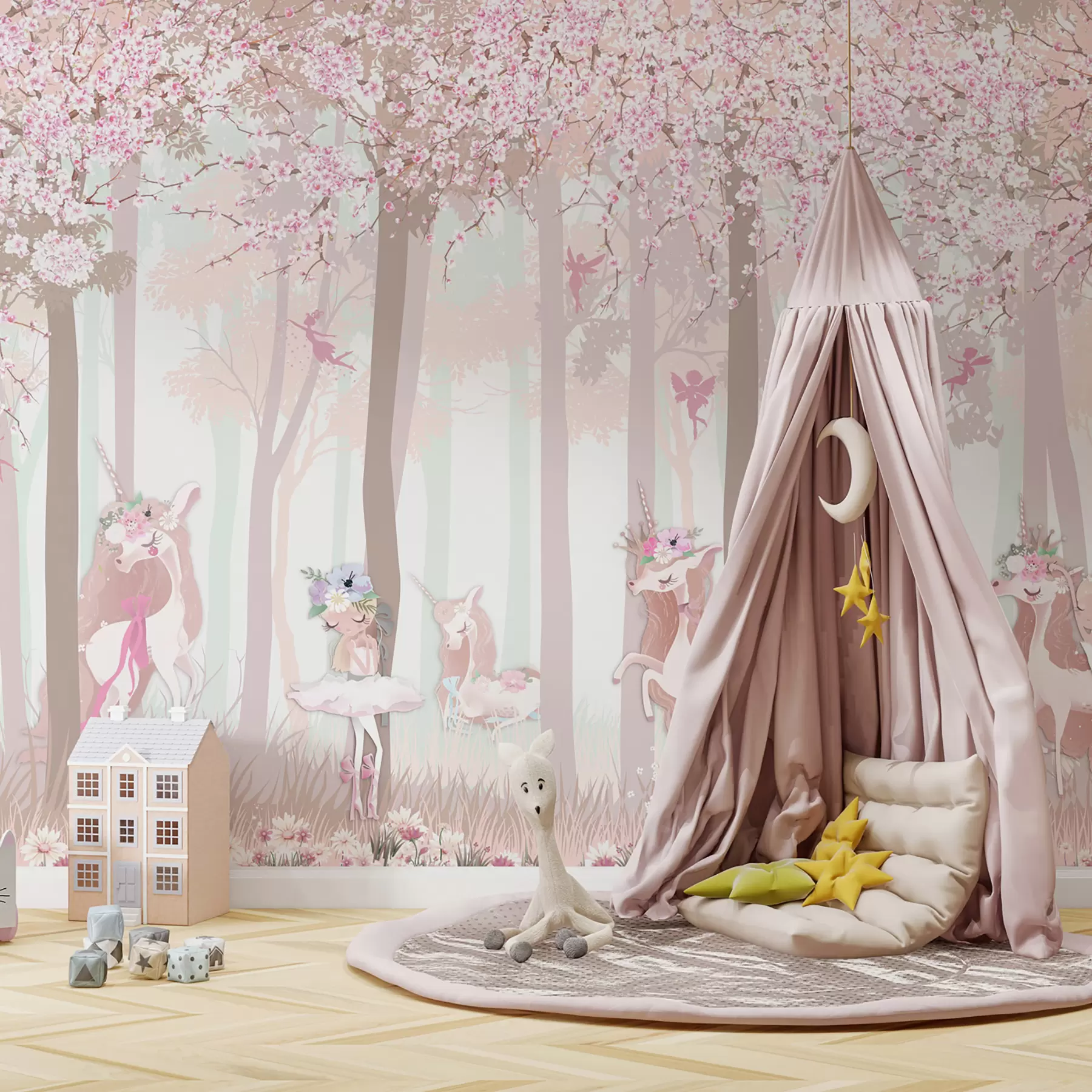 murais de parede Uma floresta com princesas e unicórnios u98694