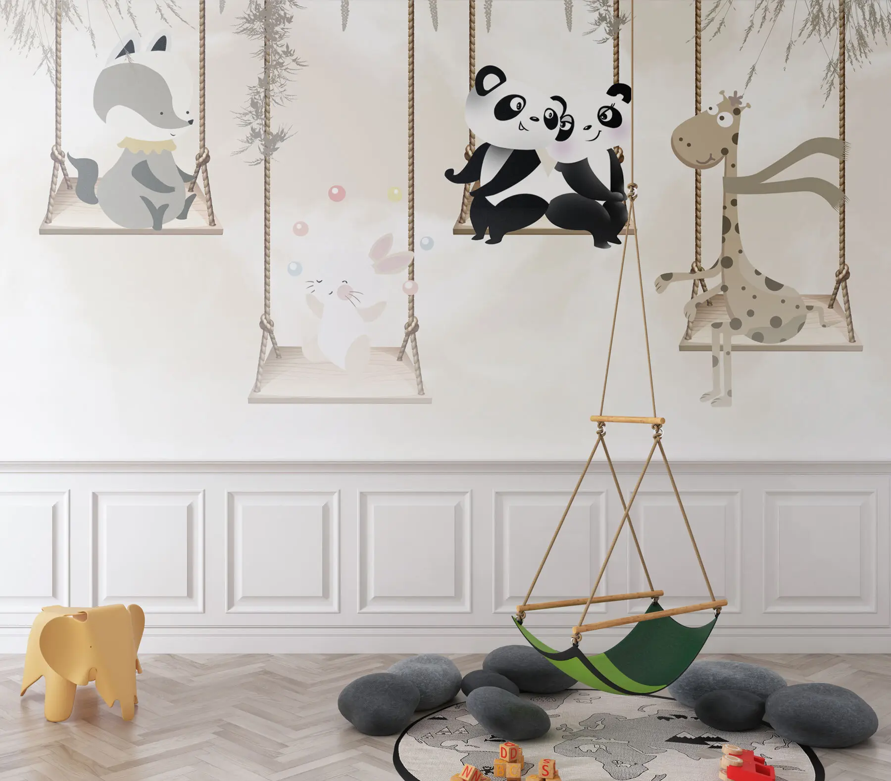 murais de parede Design de papel de parede para quarto de criança com girafa, guaxinim, lebre e pandas nos baloiços u98972