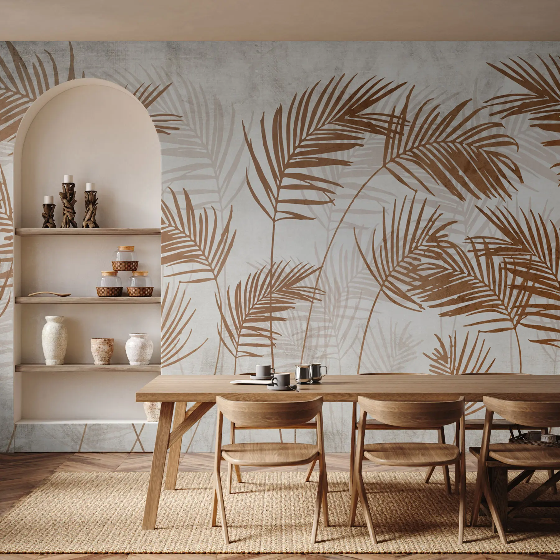 murais de parede Desenho de papel de parede com árvores tropicais e folhas na floresta enevoada u98974