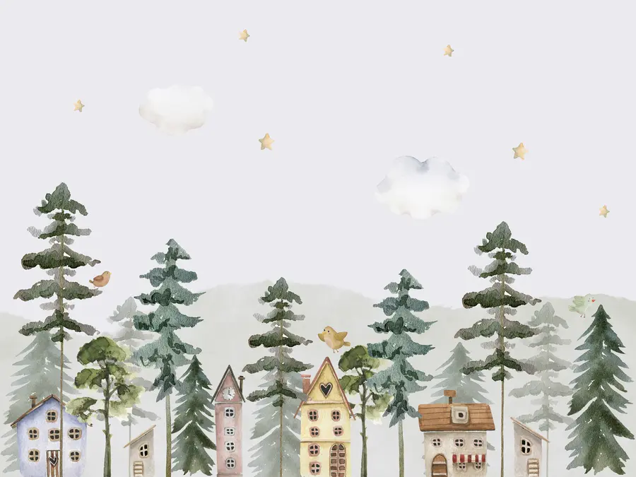 murais de parede Floresta de pinheiros com pássaros e casas bonitas, cores verde e bege u98989
