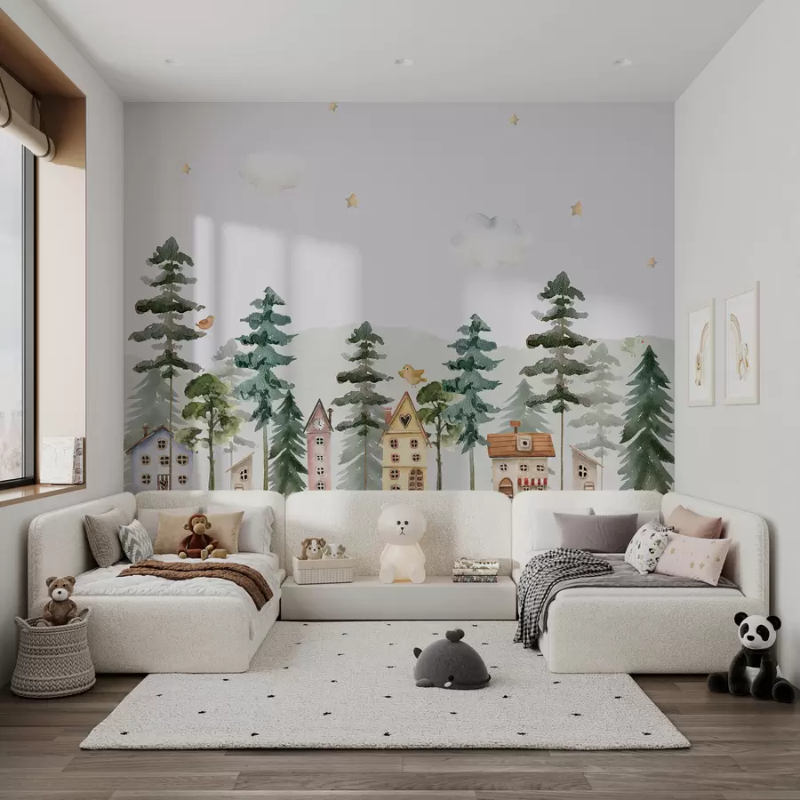 murais de parede Floresta de pinheiros com pássaros e casas bonitas, cores verde e bege u98989