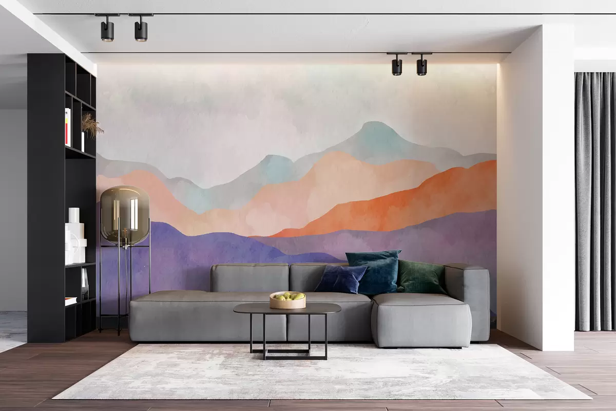 murais de parede Paisagem montanhosa, desenho abstrato, estilo boho, laranja, púrpura, azul u98991