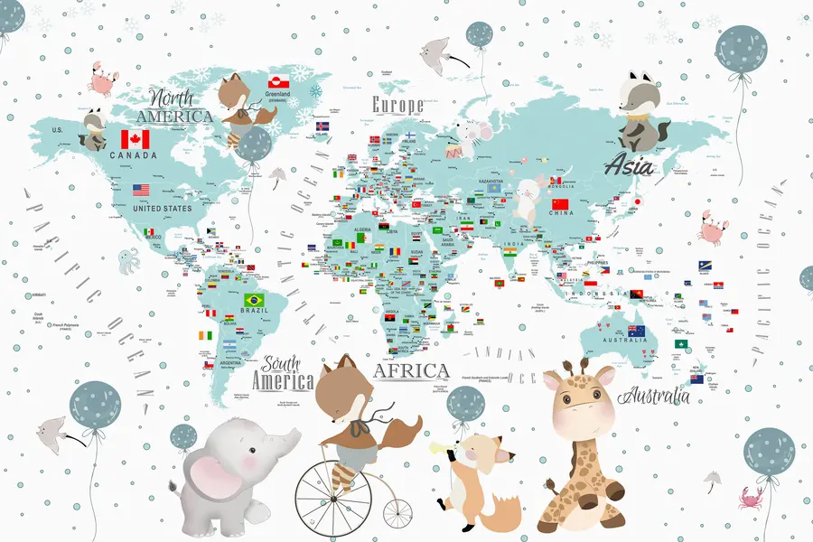 murais de parede Mapa-mundo infantil com animais u99228