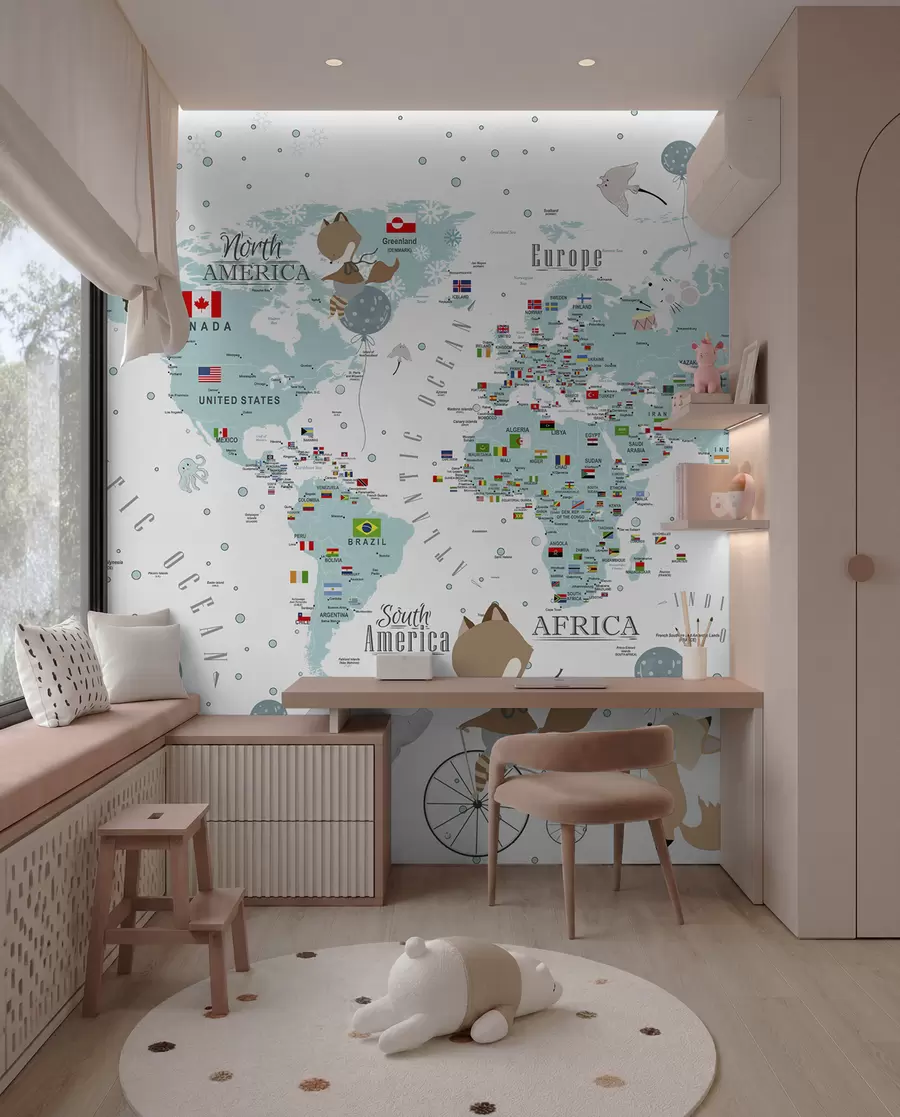 murais de parede Mapa-mundo infantil com animais u99228