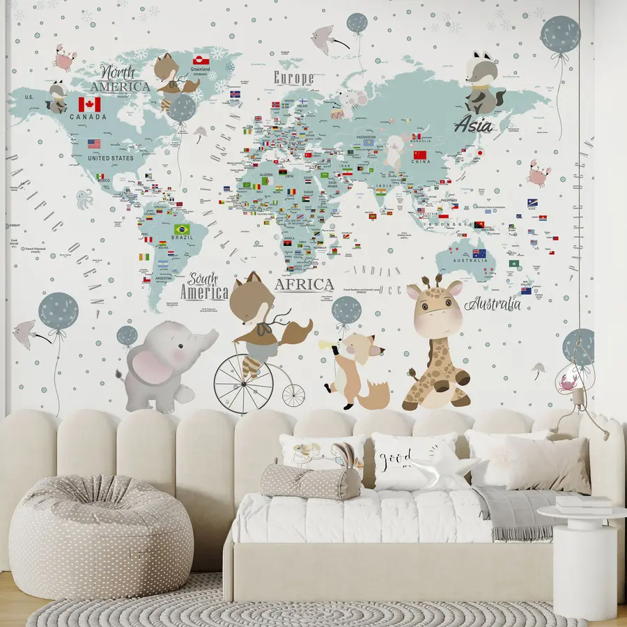 murais de parede Mapa-mundo infantil com animais u99228