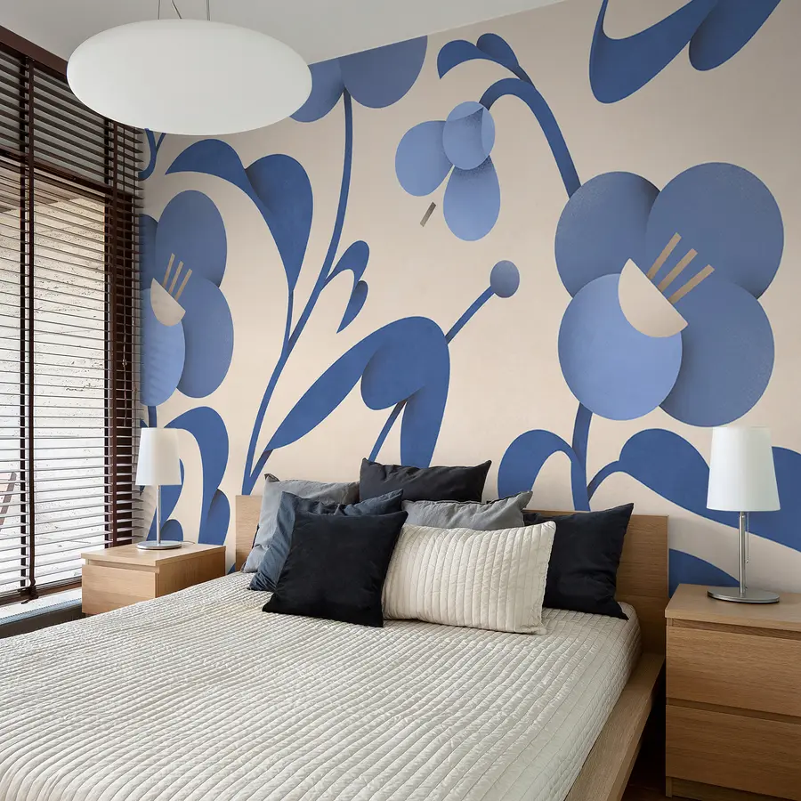 murais de parede Impressão botânica com flores azuis decorativas sobre um fundo bege u99196v7