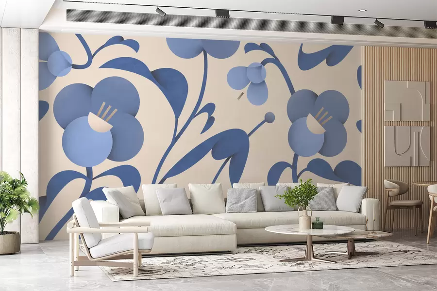 murais de parede Impressão botânica com flores azuis decorativas sobre um fundo bege u99196v7