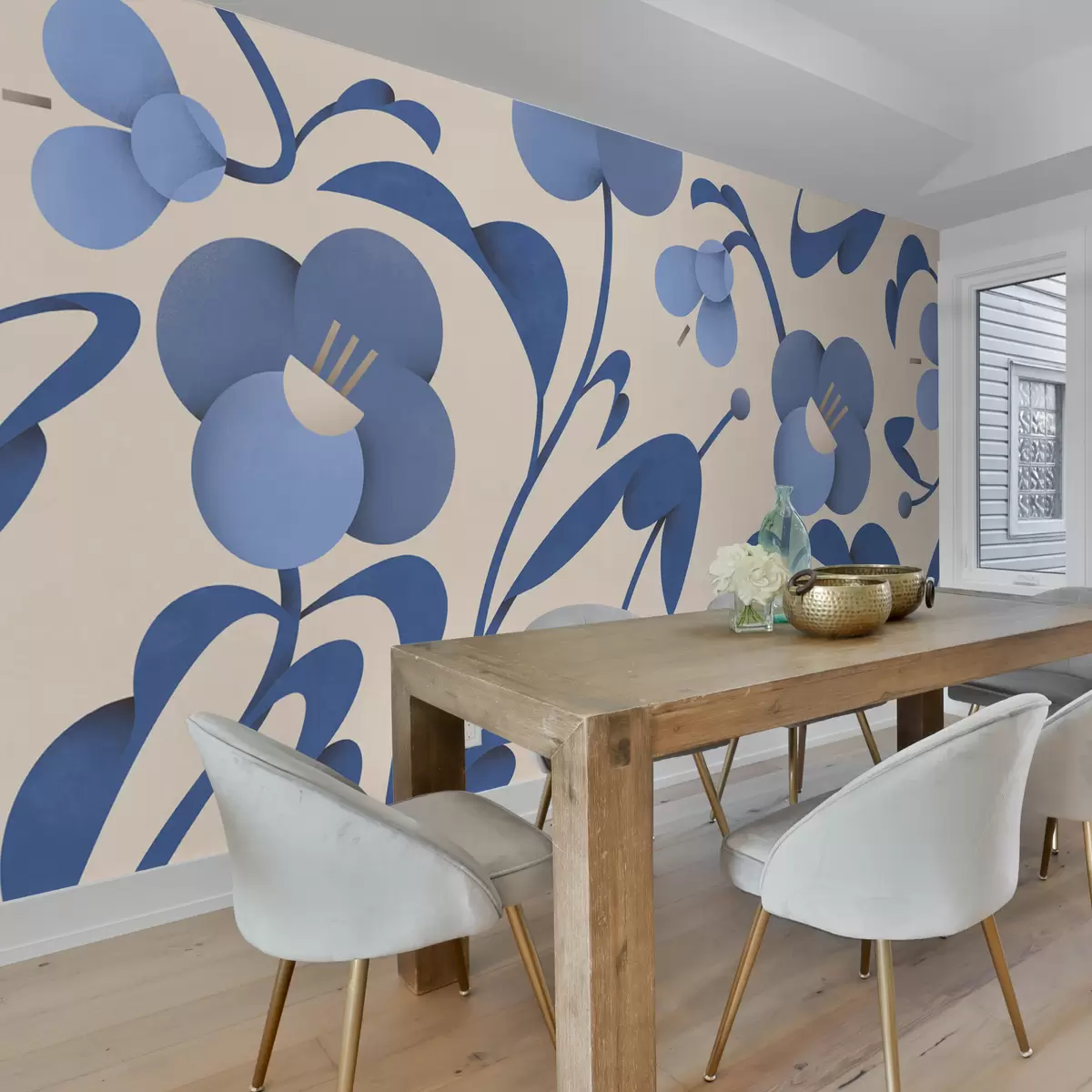 murais de parede Impressão botânica com flores azuis decorativas sobre um fundo bege u99196v7