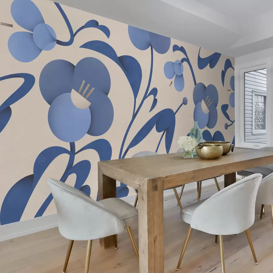 murais de parede Impressão botânica com flores azuis decorativas sobre um fundo bege u99196v7