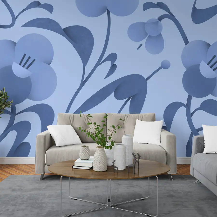 murais de parede Estampado botânico com flores decorativas em azul u99196v8