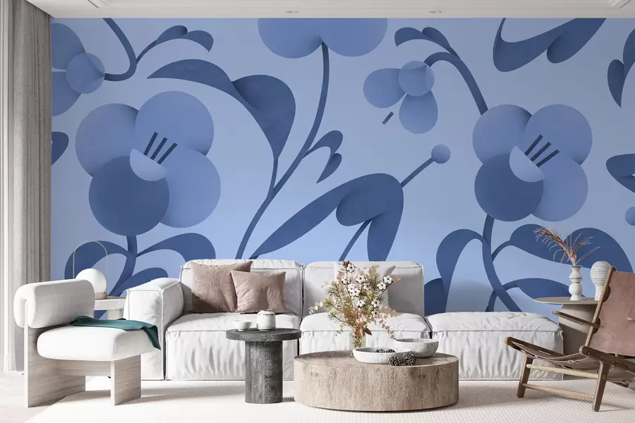 murais de parede Estampado botânico com flores decorativas em azul u99196v8