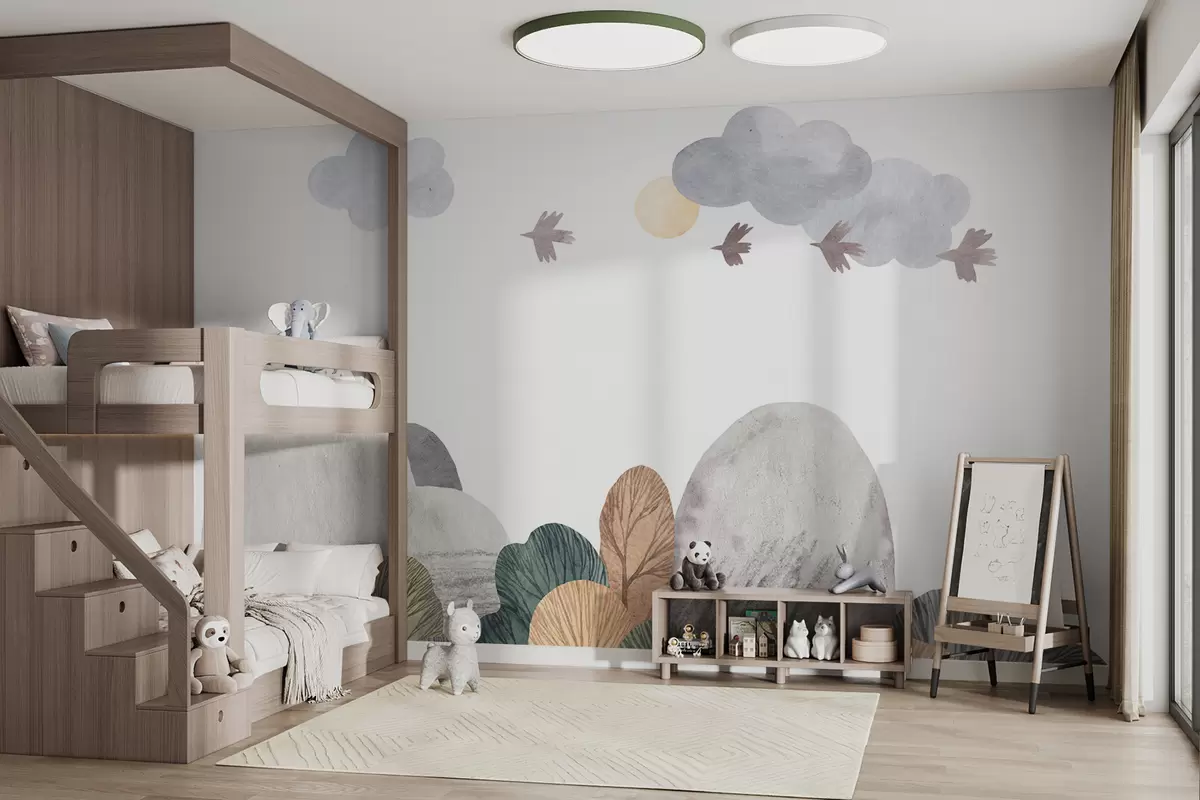 murais de parede Paisagem de aguarela com árvores, pássaros e nuvens u99202