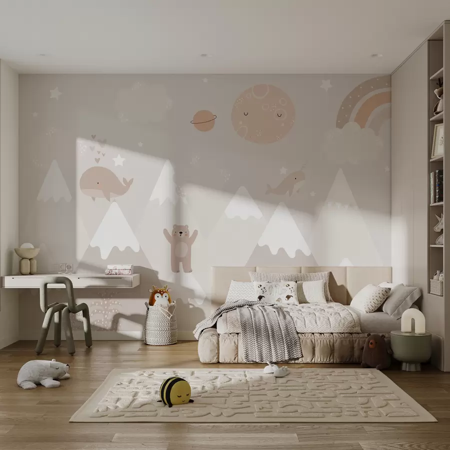 murais de parede Montanhas com animais giros, nuvens e planetas, cores bege u99206