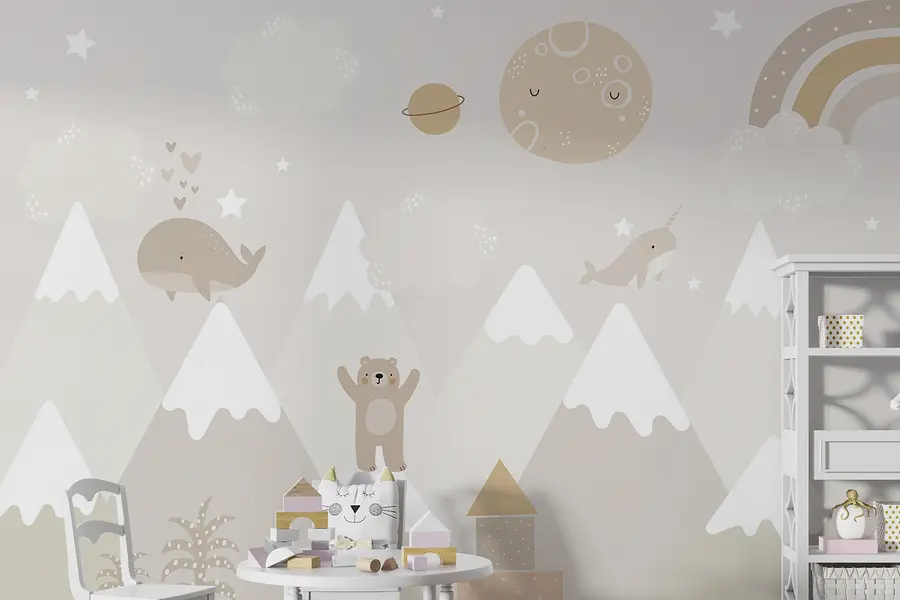 murais de parede Montanhas com animais giros, nuvens e planetas, cores bege u99206