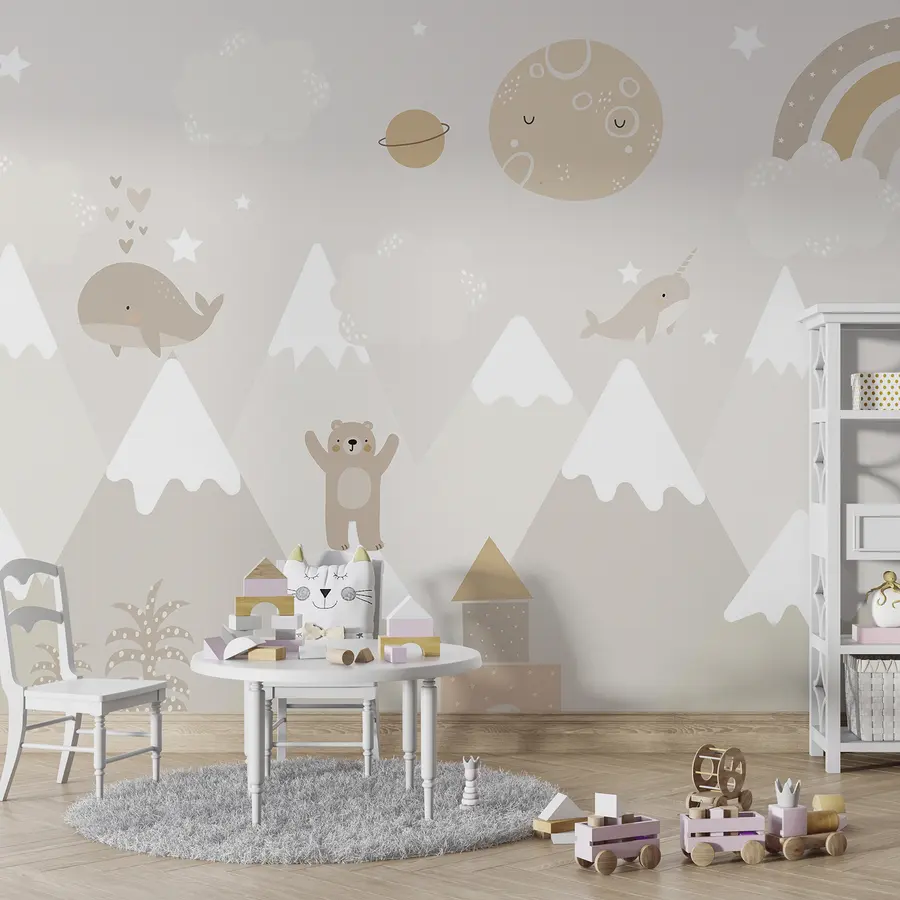 murais de parede Montanhas com animais giros, nuvens e planetas, cores bege u99206