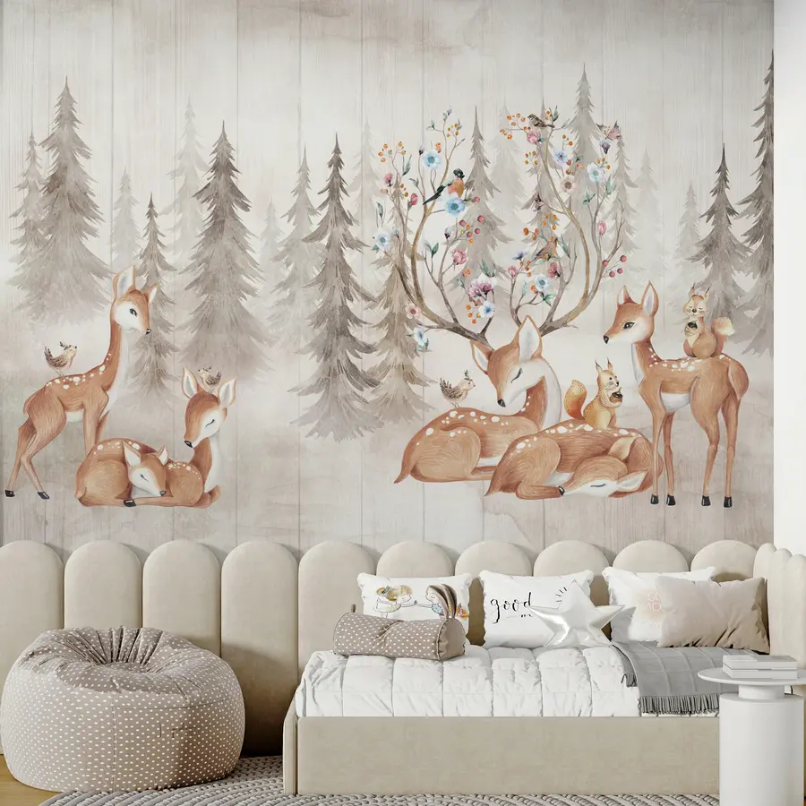 murais de parede Floresta de aguarela com renas u98679