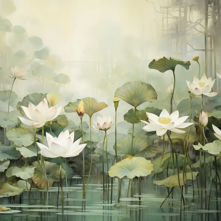 murais de parede Flores de lótus no lago, selva, arte tropical, vegetação u99454d1