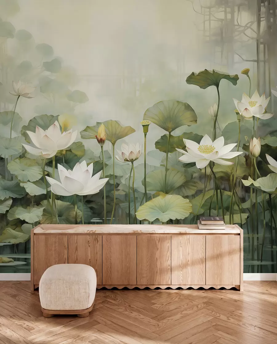 murais de parede Flores de lótus no lago, selva, arte tropical, vegetação u99454d1