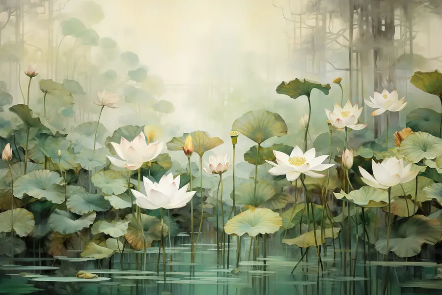 murais de parede Flores de lótus no lago, selva, arte tropical, vegetação u99454