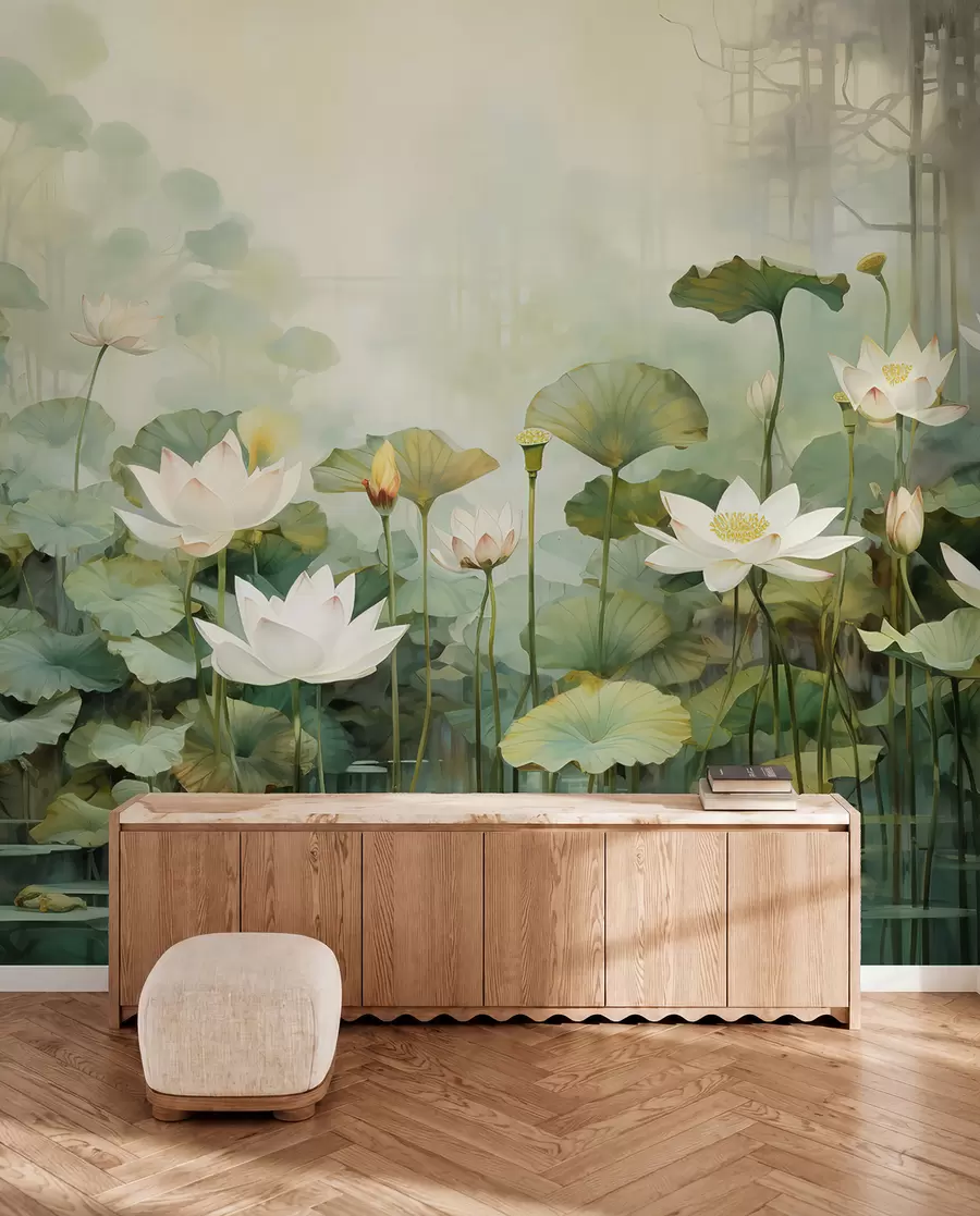 murais de parede Flores de lótus no lago, selva, arte tropical, vegetação u99454