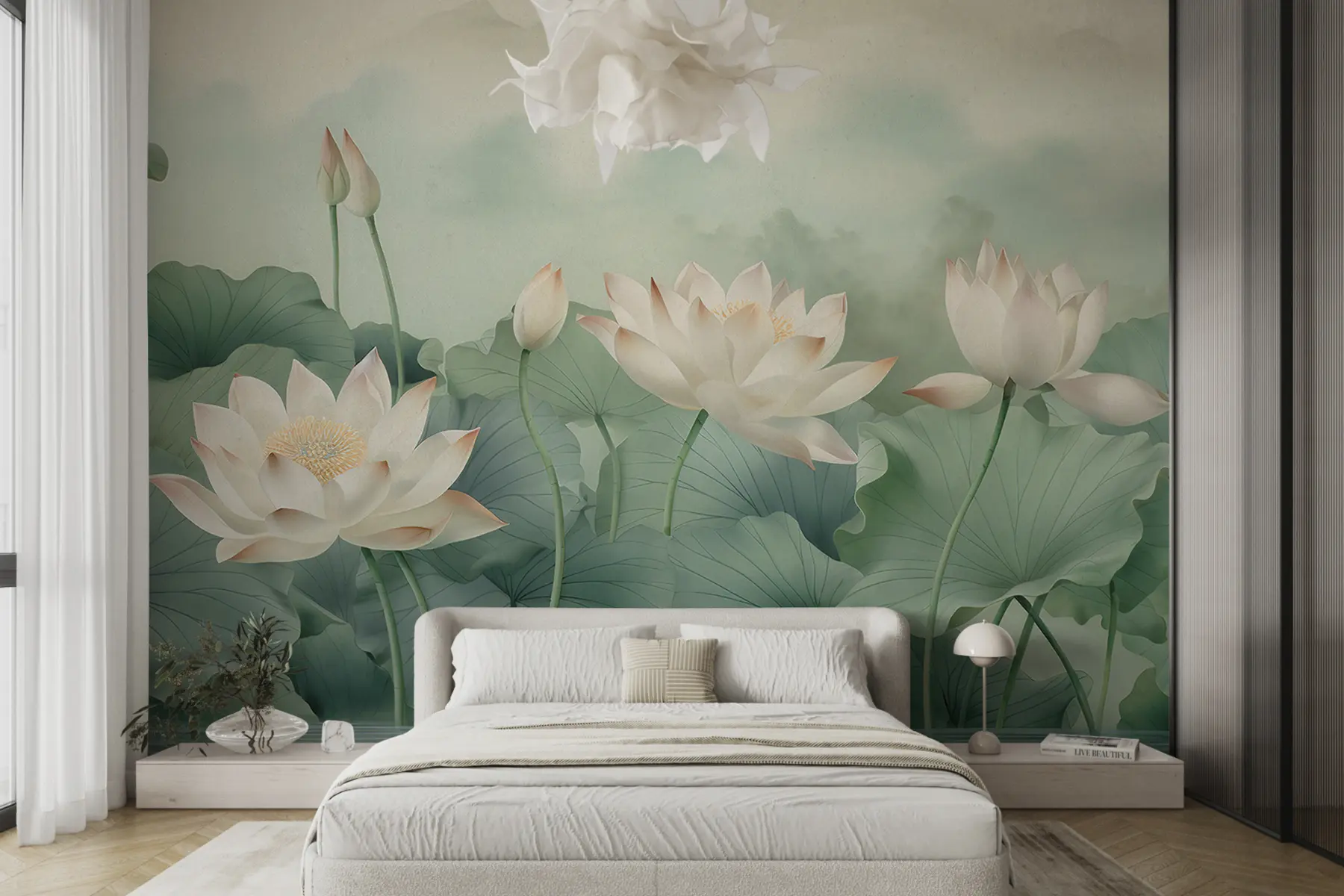 murais de parede Flores de lótus no lago, névoa, arte tropical, vegetação u99455