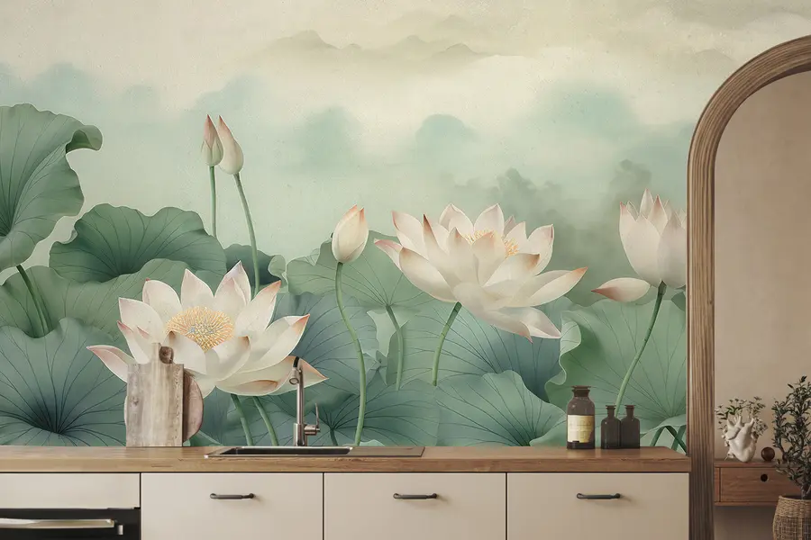 murais de parede Flores de lótus no lago, névoa, arte tropical, vegetação u99455