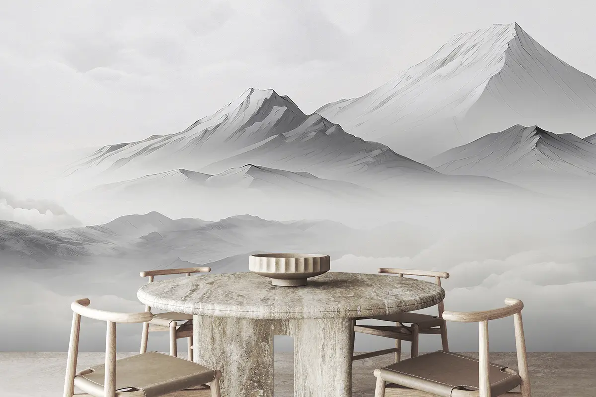 murais de parede Montanhas nas nuvens, nevoeiro, cor cinzenta, paisagem u99458d1