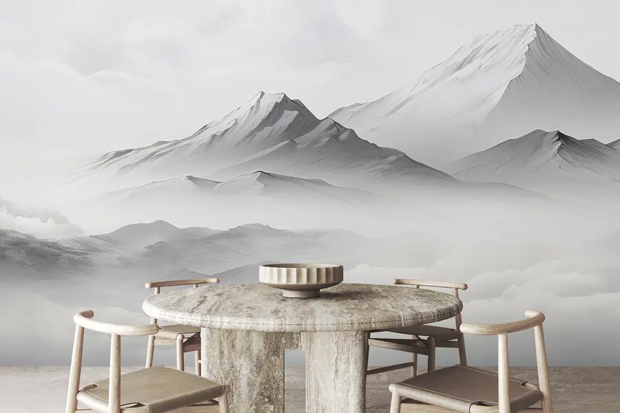 murais de parede Montanhas nas nuvens, nevoeiro, cor cinzenta, paisagem u99458d1