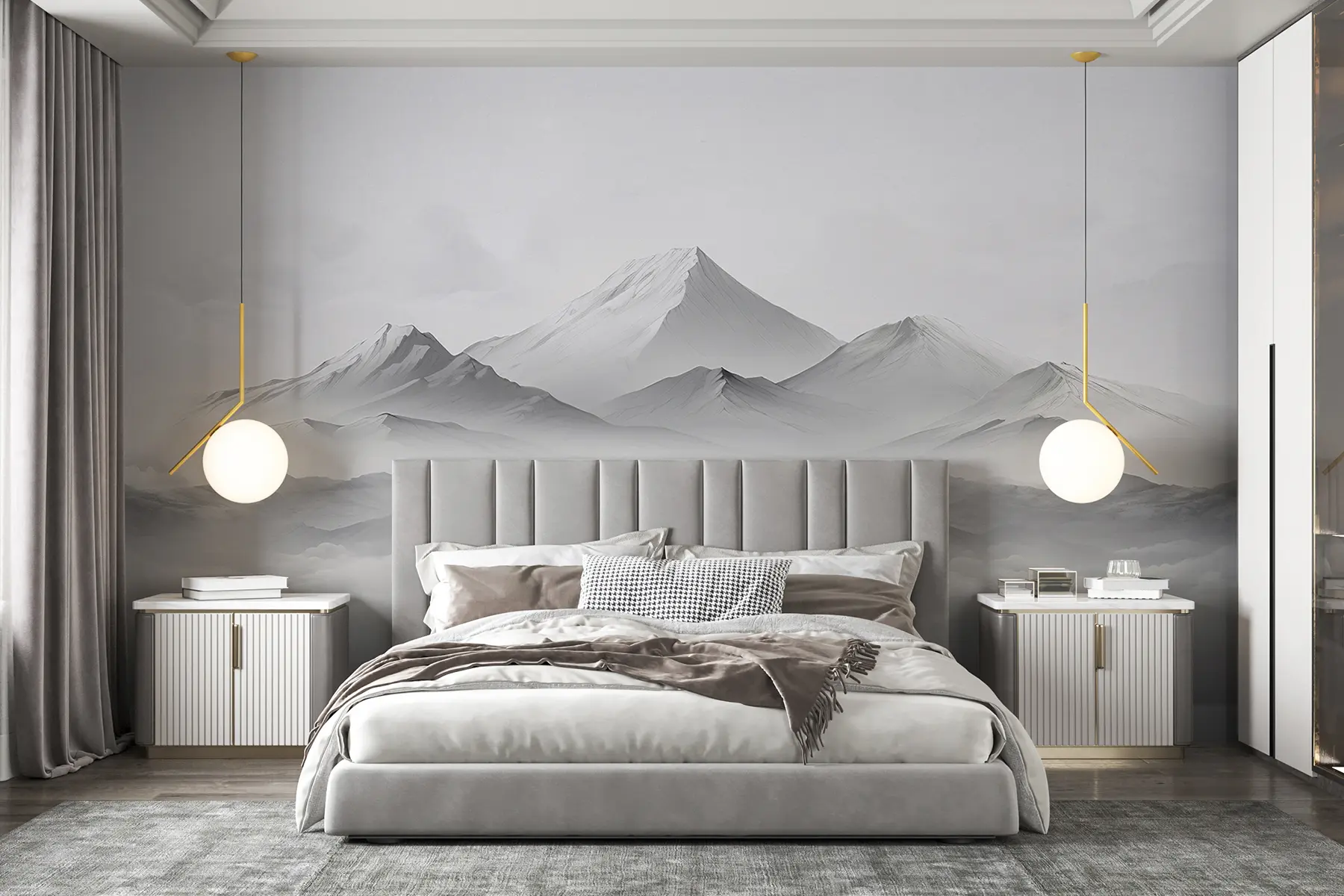 murais de parede Montanhas nas nuvens, nevoeiro, cor cinzenta, paisagem u99458