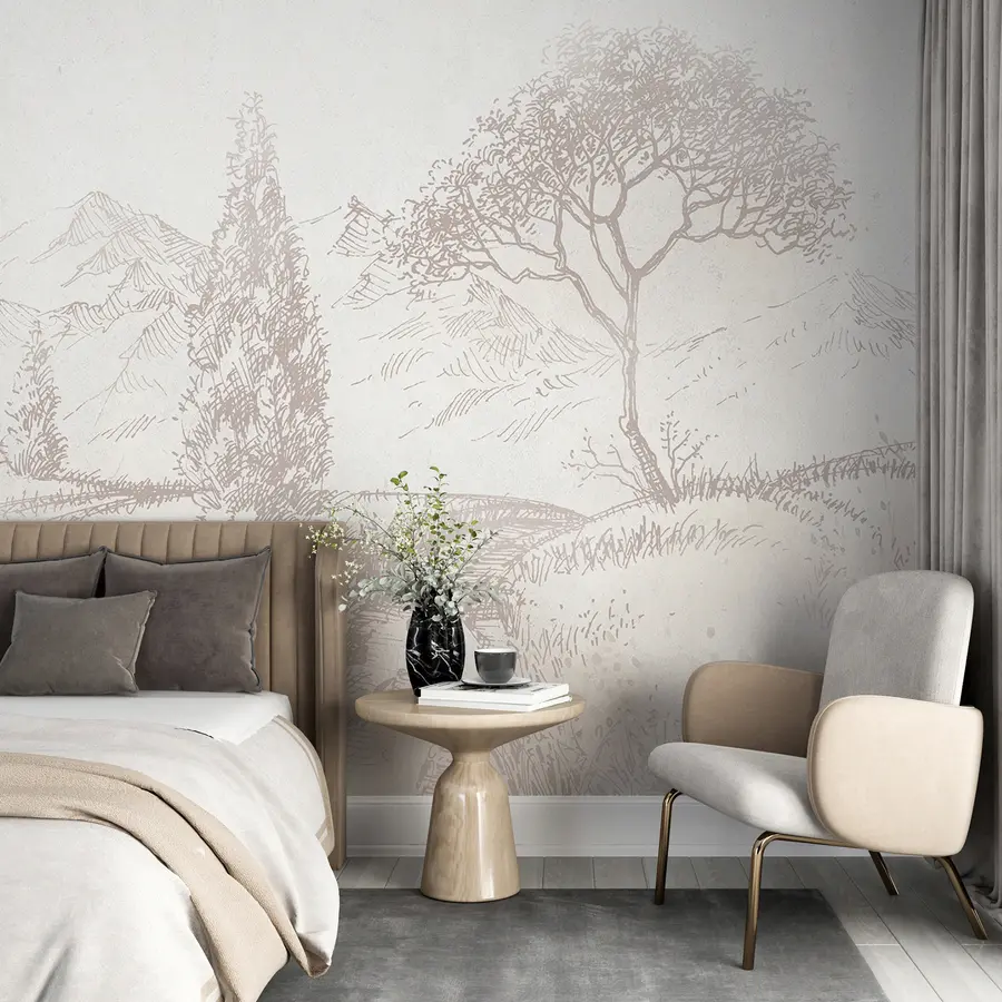 murais de parede Paisagem da Toscana, árvore, campo, minimalismo, cores bege naturais u99570