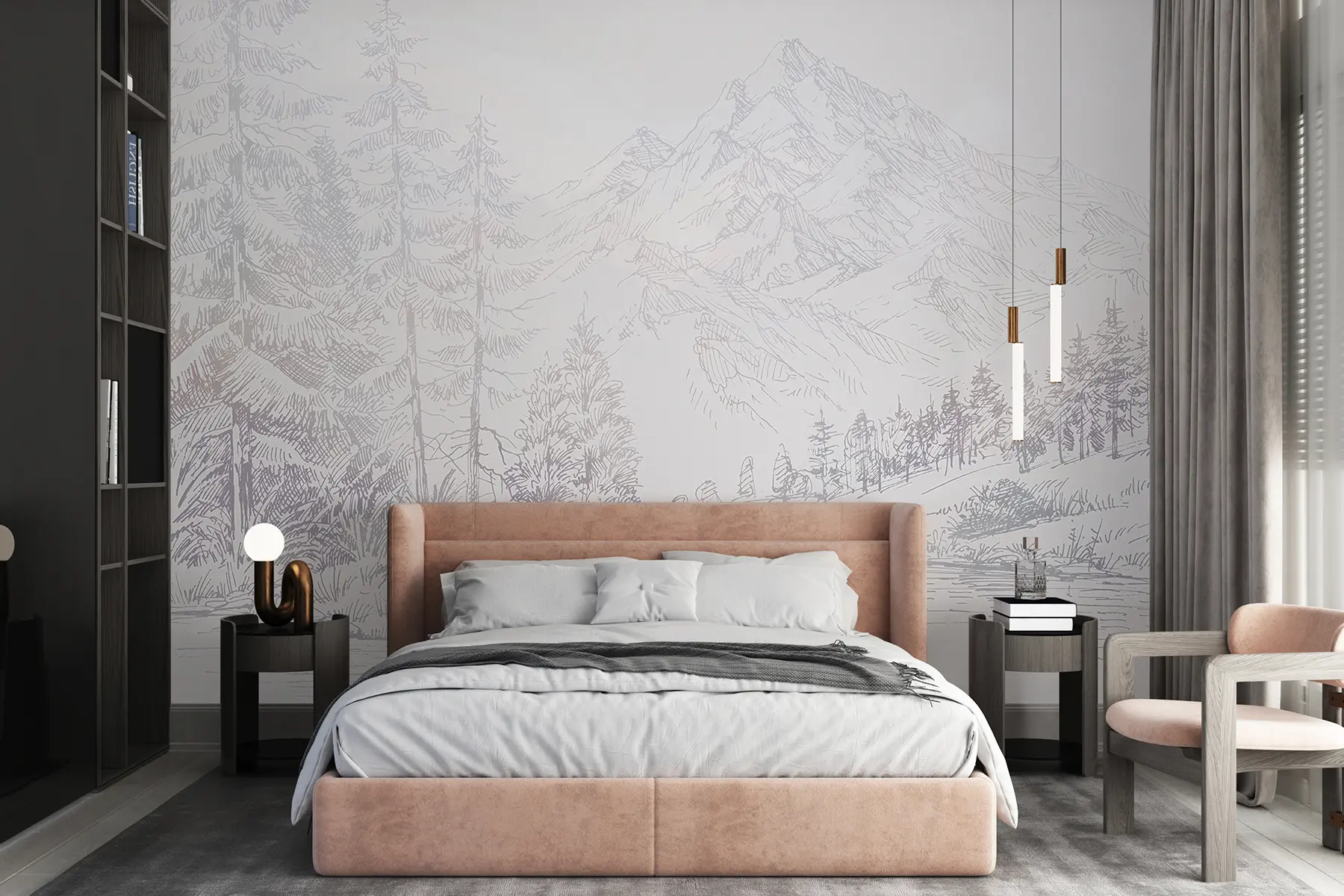 murais de parede Paisagem de montanhas alpinas, minimalismo, cores púrpura u99569v1