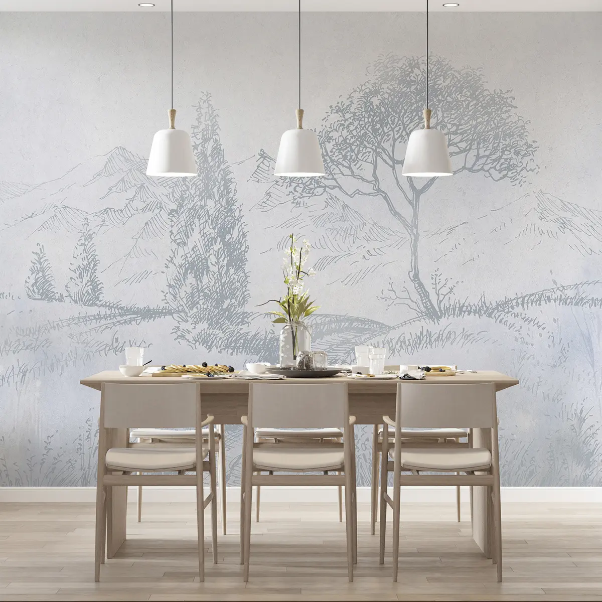 murais de parede Paisagem da Toscana, árvore, campo, minimalismo, cores azuis naturais u99570v2