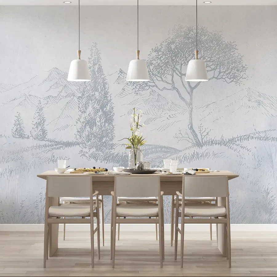 murais de parede Paisagem da Toscana, árvore, campo, minimalismo, cores azuis naturais u99570v2