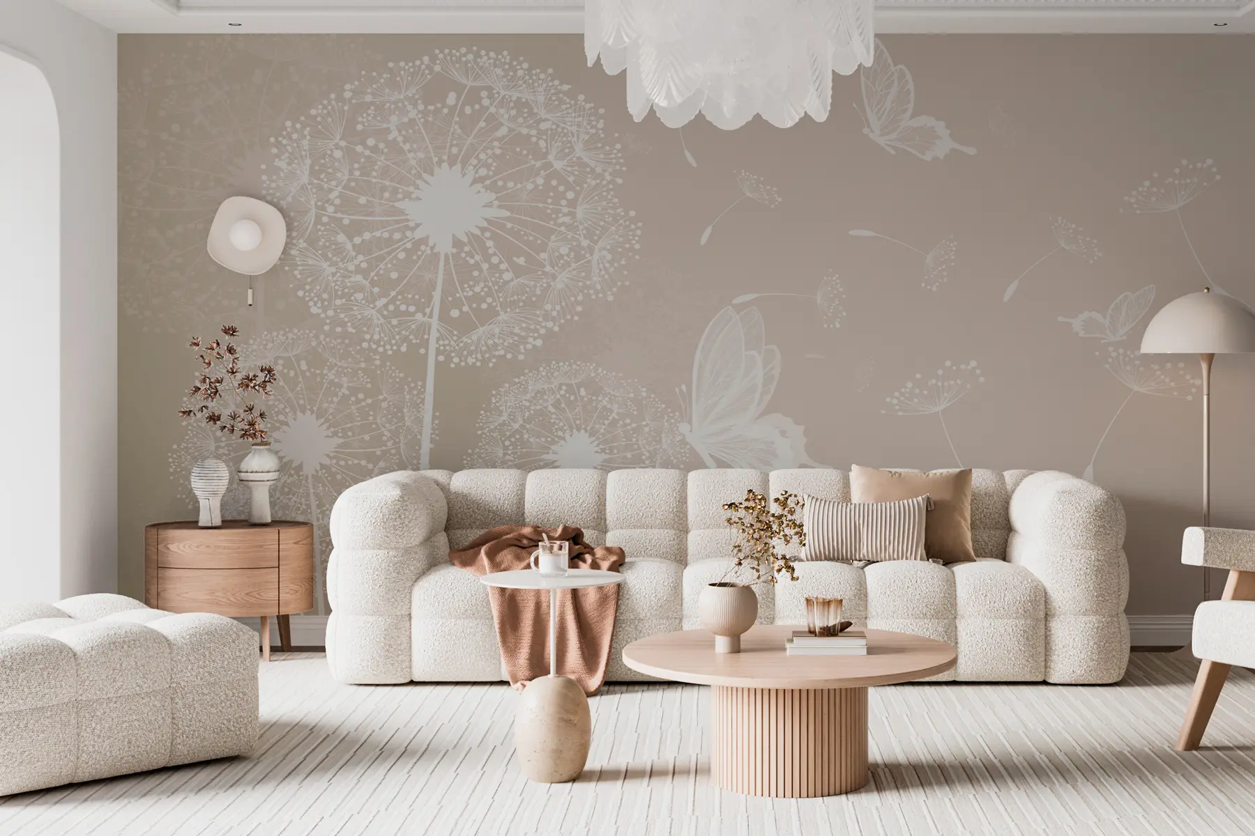 murais de parede Dentes-de-leão delicados com borboletas bege u99597