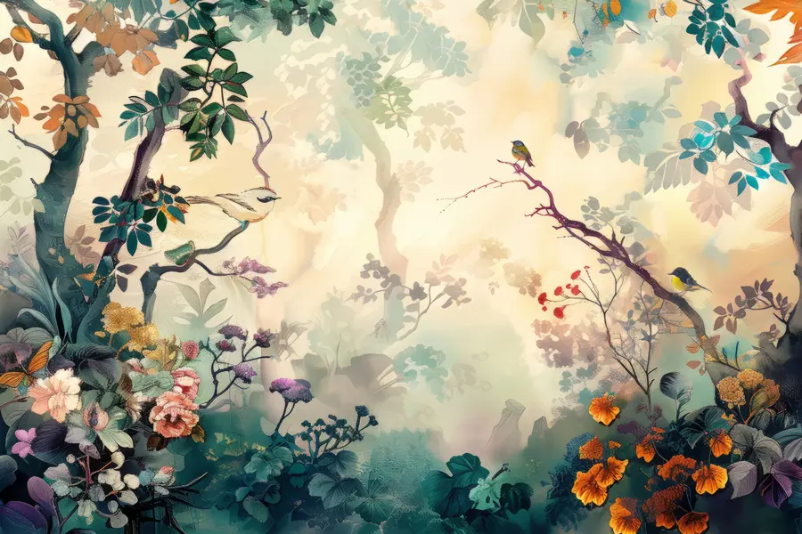 murais de parede As cores dos pássaros na floresta u99610